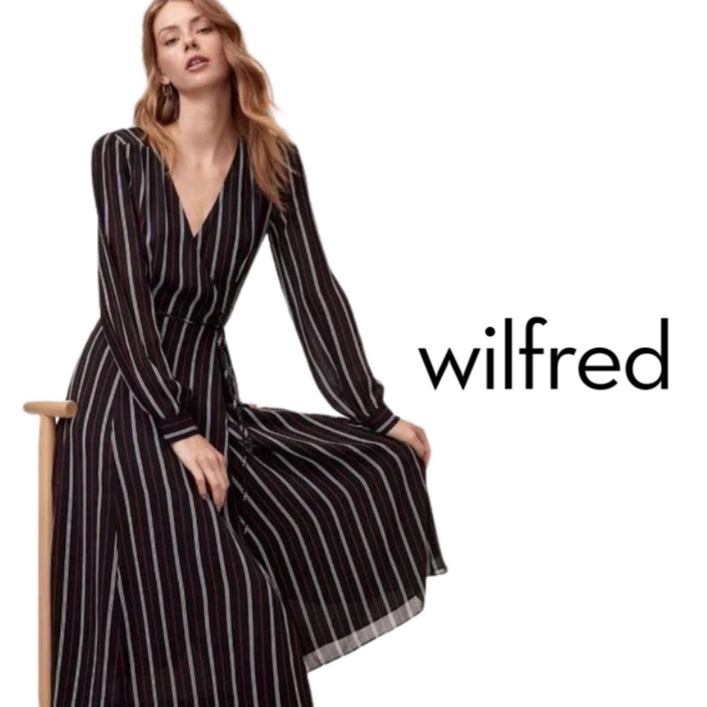 Wilfred by Aritzia Lina Striped Wrap Midi Dress - Black, White, Burgundy - Small